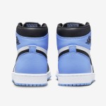 Side view of the Air Jordan 1 High OG “UNC Toe” DZ5485-400 sneaker in blue, black, and white with premium leather materials