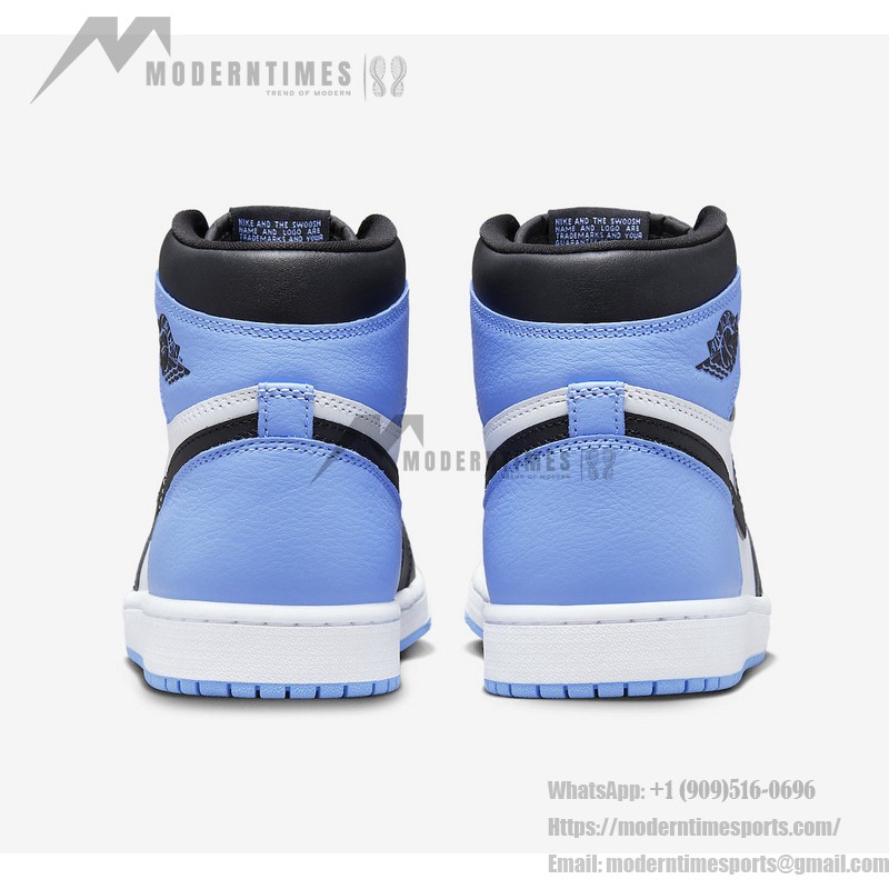 Side view of the Air Jordan 1 High OG “UNC Toe” DZ5485-400 sneaker in blue, black, and white with premium leather materials