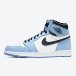 Side view of Air Jordan 1 High OG “University Blue” 555088-134 sneakers in premium leather with University Blue, black, and white colorway