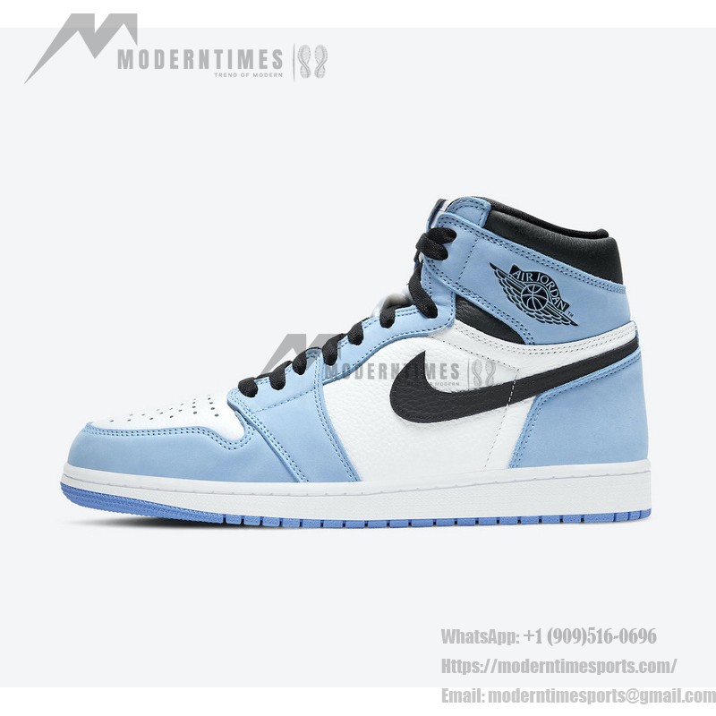 Side view of Air Jordan 1 High OG “University Blue” 555088-134 sneakers in premium leather with University Blue, black, and white colorway