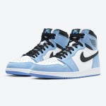 Side view of Air Jordan 1 High OG “University Blue” 555088-134 sneakers in premium leather with University Blue, black, and white colorway