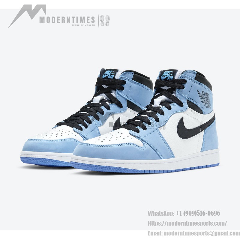 Side view of Air Jordan 1 High OG “University Blue” 555088-134 sneakers in premium leather with University Blue, black, and white colorway