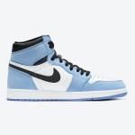 Side view of Air Jordan 1 High OG “University Blue” 555088-134 sneakers in premium leather with University Blue, black, and white colorway