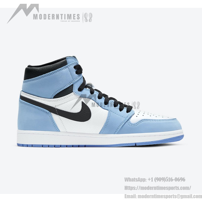 Side view of Air Jordan 1 High OG “University Blue” 555088-134 sneakers in premium leather with University Blue, black, and white colorway