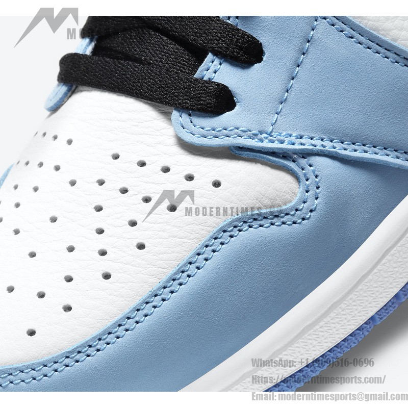 Side view of Air Jordan 1 High OG “University Blue” 555088-134 sneakers in premium leather with University Blue, black, and white colorway