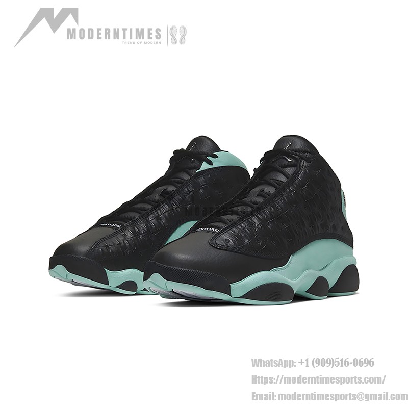 Air Jordan 13 Retro 414571-030 Island Green basketball shoes with black crocodile texture and mint green accents