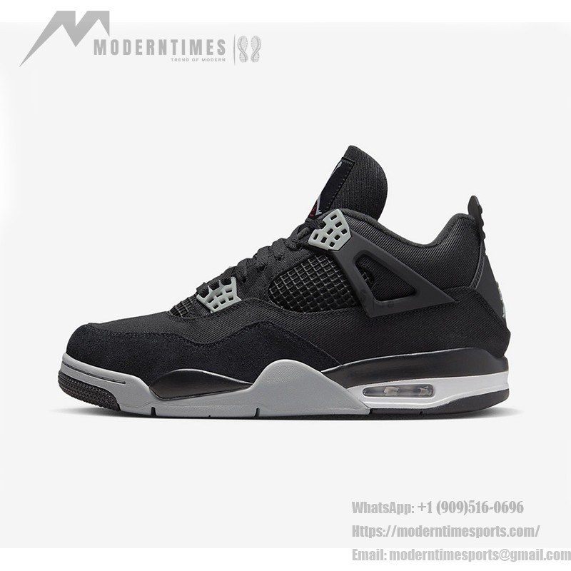 Side view of the Air Jordan 4 "Black Canvas" DH7138-006 sneaker in black and gray