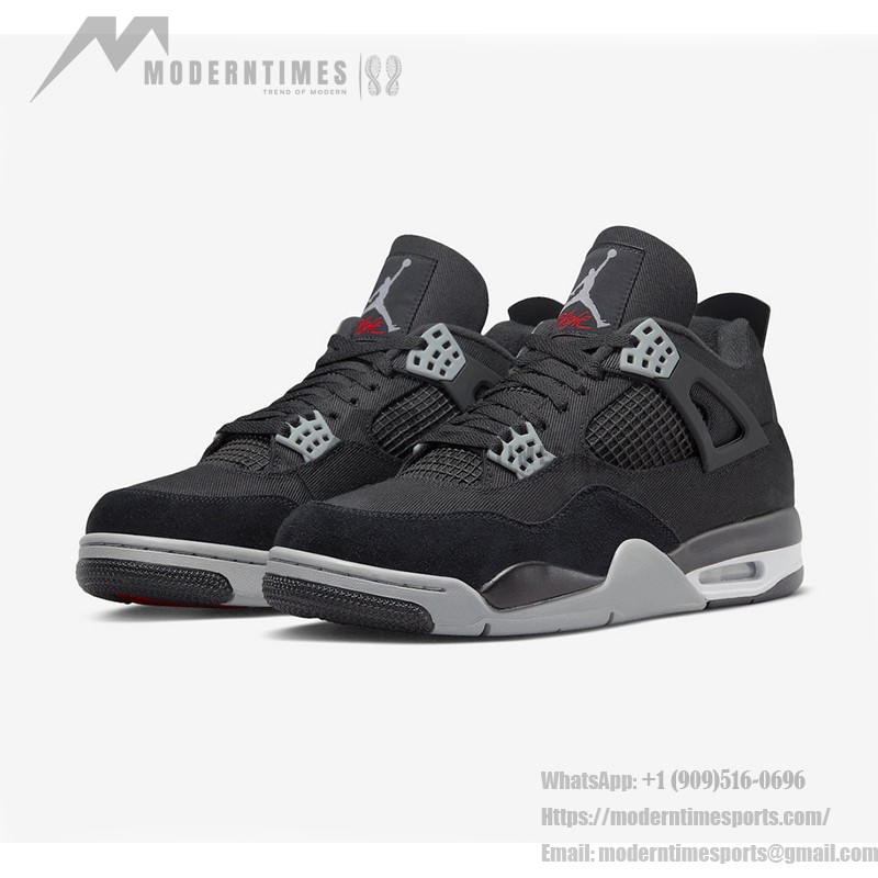 Side view of the Air Jordan 4 "Black Canvas" DH7138-006 sneaker in black and gray