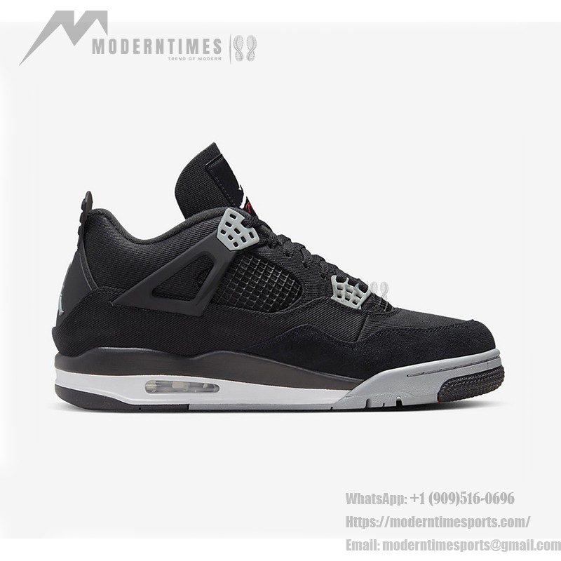 Side view of the Air Jordan 4 "Black Canvas" DH7138-006 sneaker in black and gray