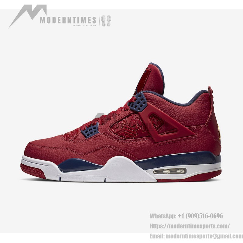 Side view of the Air Jordan 4 "FIBA Gym Red" CI1184-617 sneaker in red, navy blue, and white