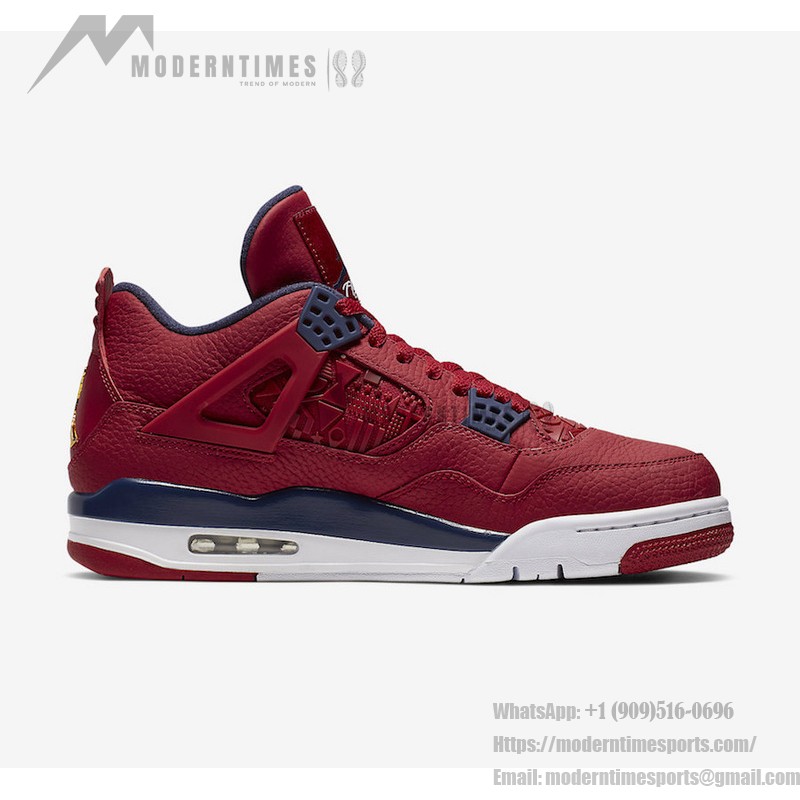 Side view of the Air Jordan 4 "FIBA Gym Red" CI1184-617 sneaker in red, navy blue, and white