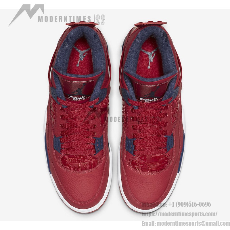 Side view of the Air Jordan 4 "FIBA Gym Red" CI1184-617 sneaker in red, navy blue, and white