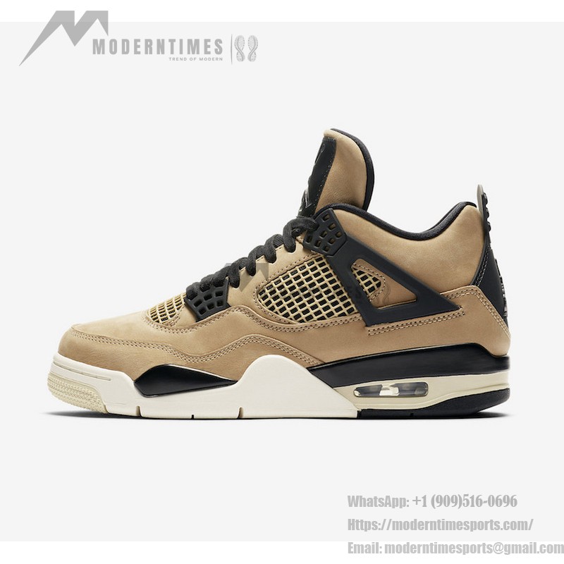 Side view of the Air Jordan 4 "Mushroom" AQ9129-200 sneaker in beige and black