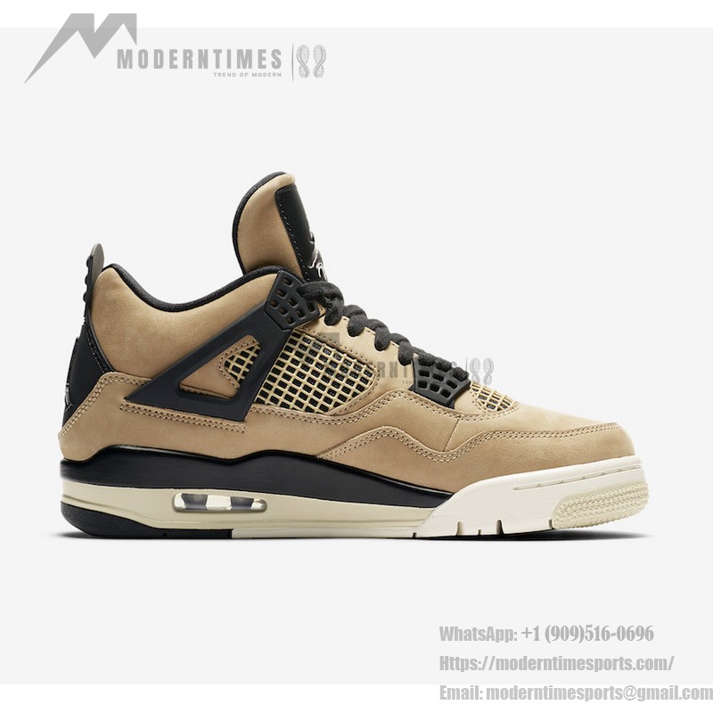 Side view of the Air Jordan 4 "Mushroom" AQ9129-200 sneaker in beige and black