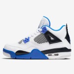 Air Jordan 4 Retro Motorsports sneaker in white with black and royal blue accents