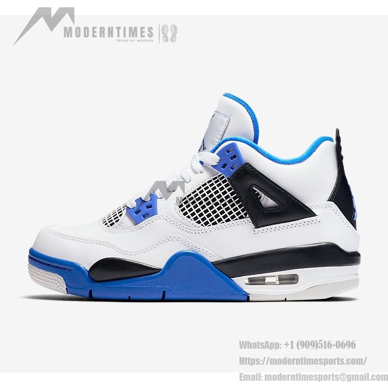 흰색과 검정색 및 로열 블루 악센트가 있는 Air Jordan 4 Retro Motorsports 스니커즈