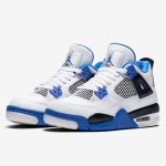 Air Jordan 4 Retro Motorsports sneaker in white with black and royal blue accents