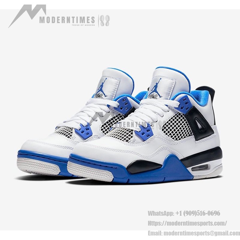 흰색과 검정색 및 로열 블루 악센트가 있는 Air Jordan 4 Retro Motorsports 스니커즈