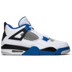 흰색과 검정색 및 로열 블루 악센트가 있는 Air Jordan 4 Retro Motorsports 스니커즈