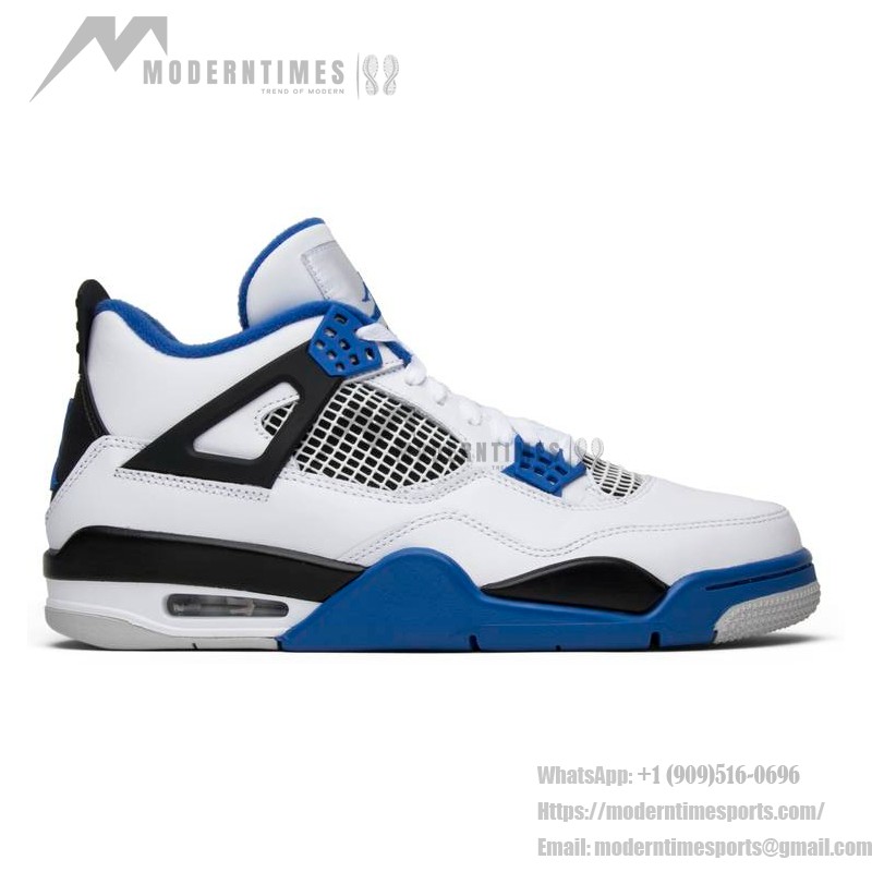 흰색과 검정색 및 로열 블루 악센트가 있는 Air Jordan 4 Retro Motorsports 스니커즈