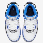 Air Jordan 4 Retro Motorsports sneaker in white with black and royal blue accents