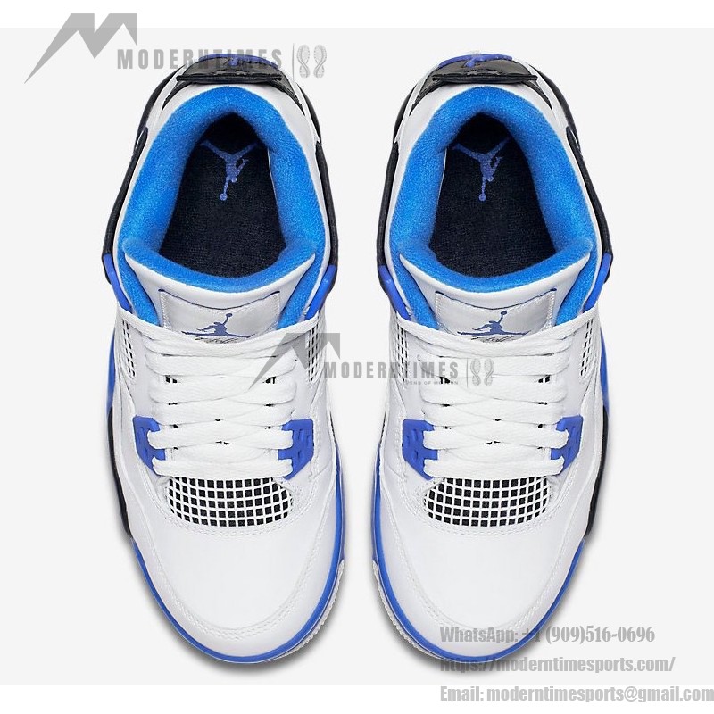 흰색과 검정색 및 로열 블루 악센트가 있는 Air Jordan 4 Retro Motorsports 스니커즈