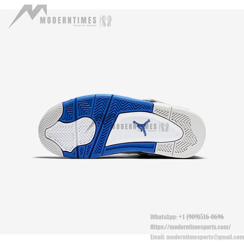 Air Jordan 4 Retro Motorsports sneaker in white with black and royal blue accents