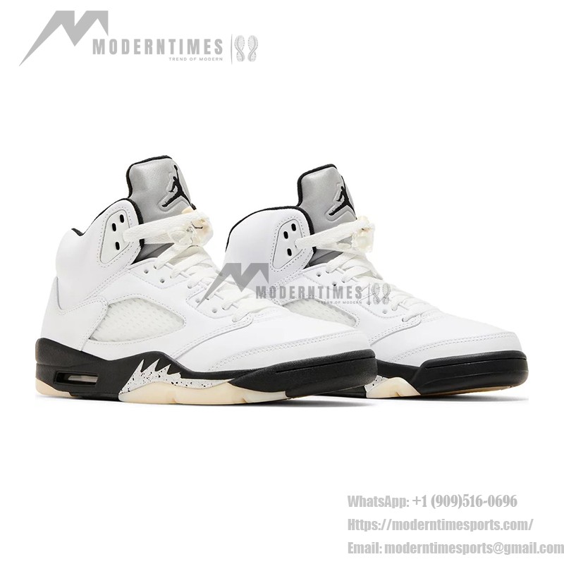 Air Jordan 5 Retro White Leather Sneakers with Black Accents and Translucent Sole