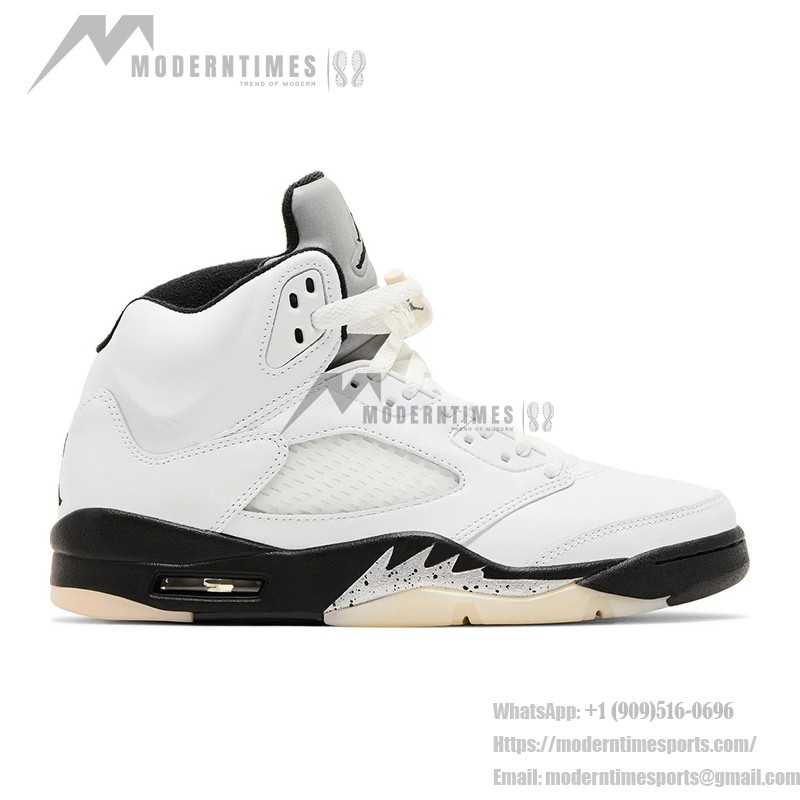 Air Jordan 5 Retro White Leather Sneakers with Black Accents and Translucent Sole