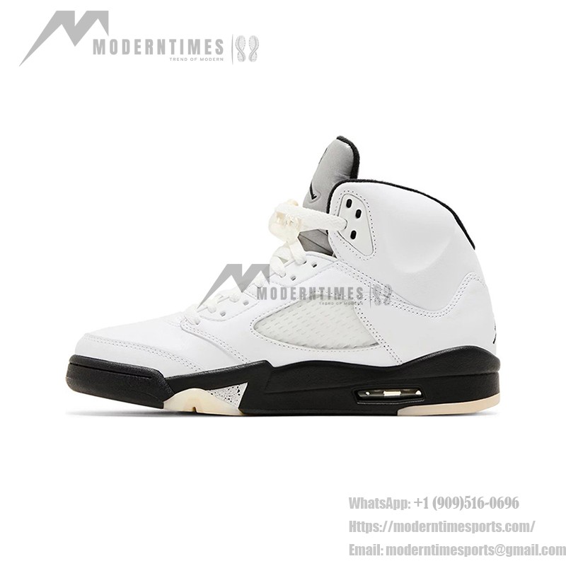 Air Jordan 5 Retro White Leather Sneakers with Black Accents and Translucent Sole