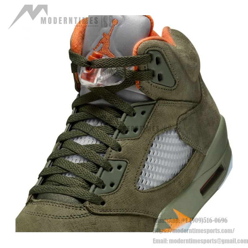 Air Jordan 5 Retro DD0587-308 Olive Green Suede Sneakers with Orange Accents and Reflective Tongue