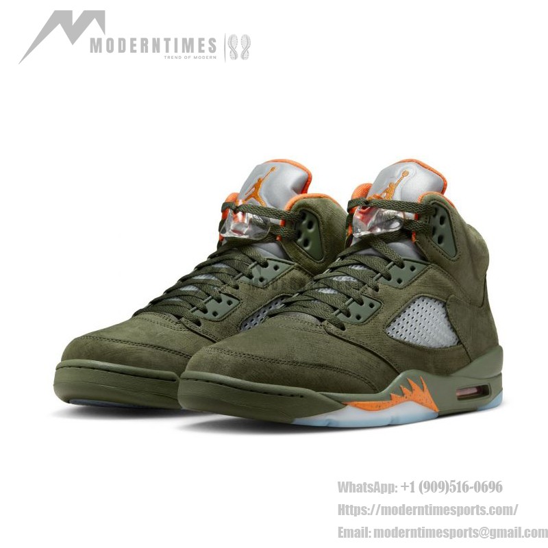 Air Jordan 5 Retro DD0587-308 Olive Green Suede Sneakers with Orange Accents and Reflective Tongue