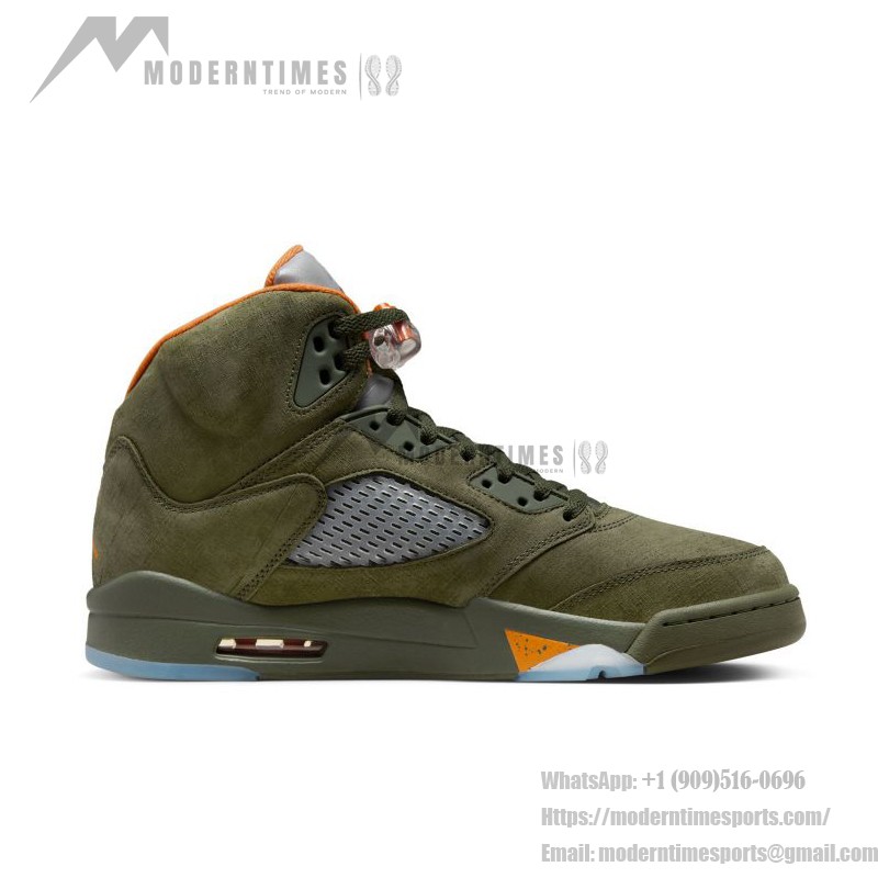 Air Jordan 5 Retro DD0587-308 Olive Green Suede Sneakers with Orange Accents and Reflective Tongue