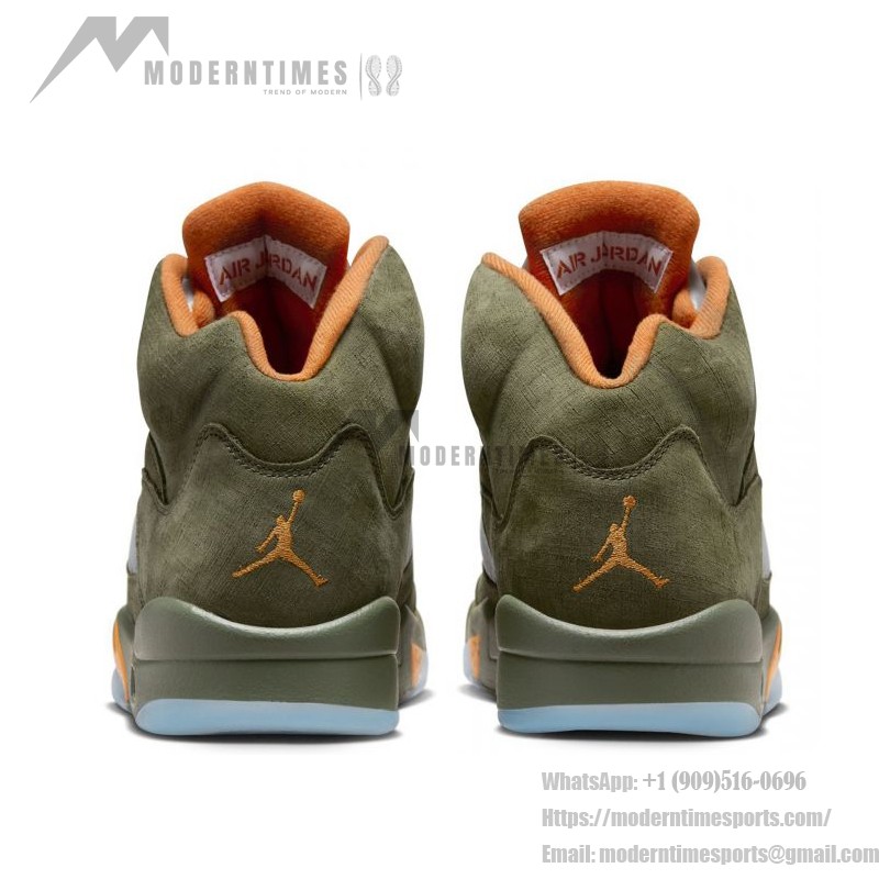 Air Jordan 5 Retro DD0587-308 Olive Green Suede Sneakers with Orange Accents and Reflective Tongue