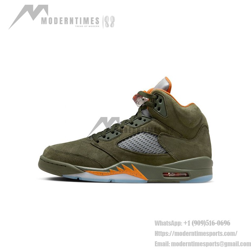 Air Jordan 5 Retro DD0587-308 Olive Green Suede Sneakers with Orange Accents and Reflective Tongue