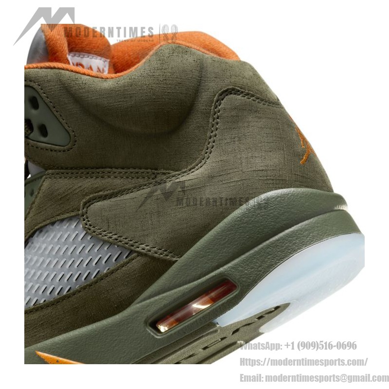 Air Jordan 5 Retro DD0587-308 Olive Green Suede Sneakers with Orange Accents and Reflective Tongue