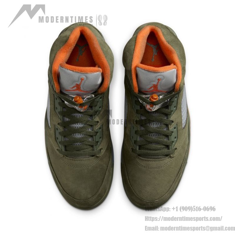 Air Jordan 5 Retro DD0587-308 Olive Green Suede Sneakers with Orange Accents and Reflective Tongue