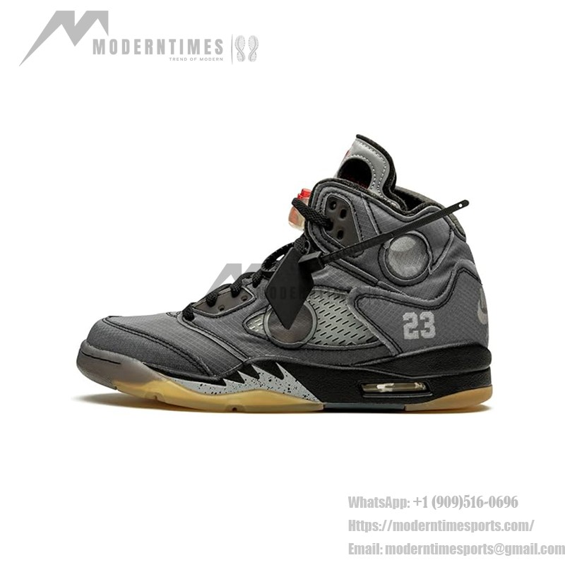 Air Jordan 5 Retro x Off-White CT8480-001 Grey Suede Sneakers with Reflective Tongue and Translucent Sole