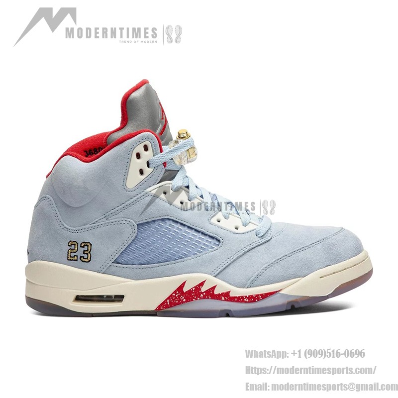 Air Jordan 5 Retro CI1899-400 Blue Suede Sneakers with Red Accents and Reflective Tongue