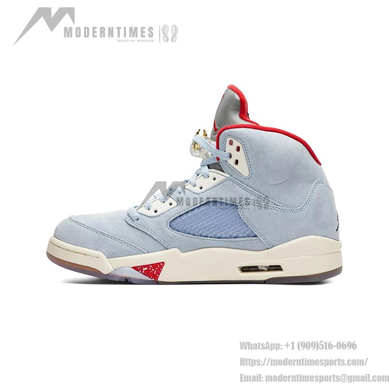 Air Jordan 5 Retro CI1899-400 Blue Suede Sneakers with Red Accents and Reflective Tongue