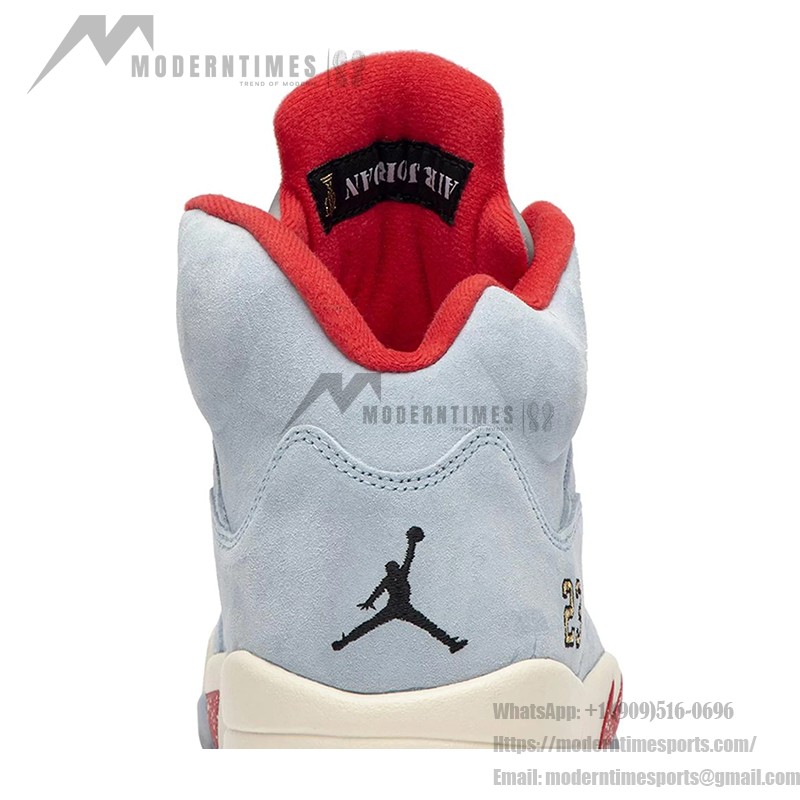 Air Jordan 5 Retro CI1899-400 Blue Suede Sneakers with Red Accents and Reflective Tongue