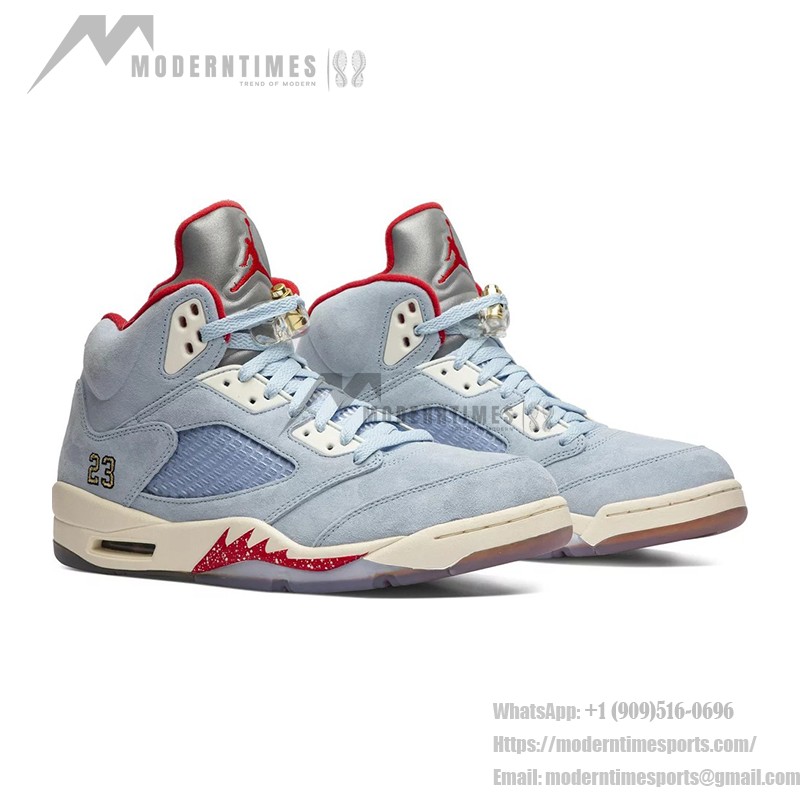 Air Jordan 5 Retro CI1899-400 Blue Suede Sneakers with Red Accents and Reflective Tongue