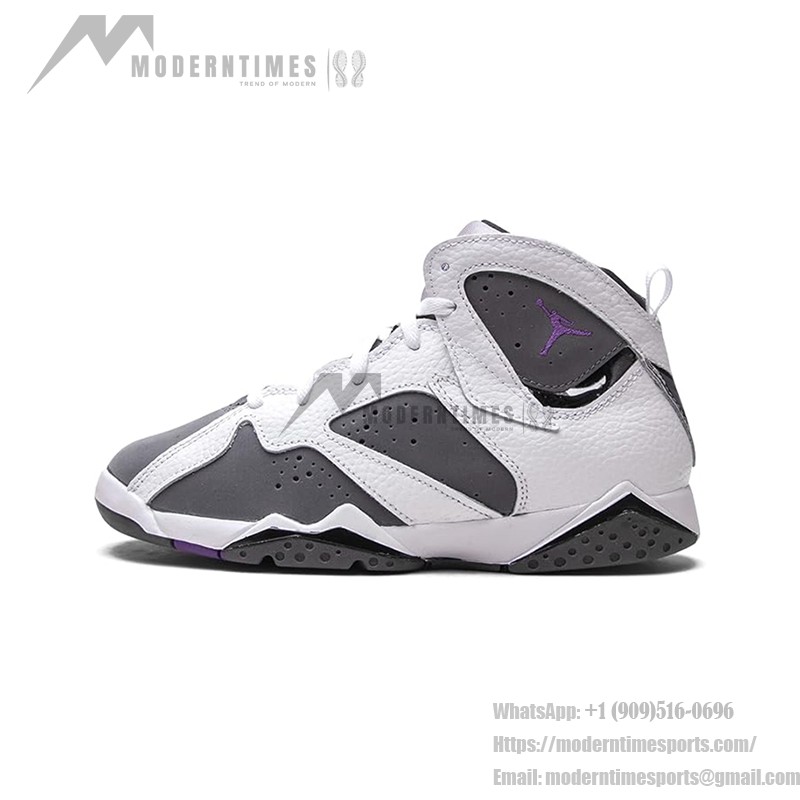 Air Jordan 7 Retro "Flint" DJ2778-100 white, grey, and purple high-top basketball sneakers