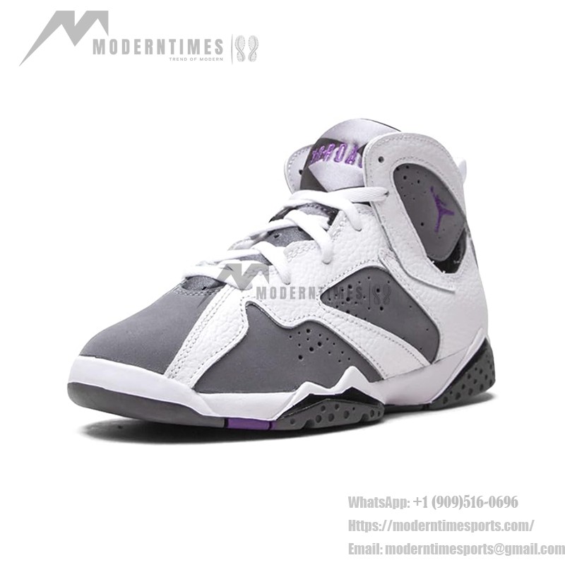 Air Jordan 7 Retro "Flint" DJ2778-100 white, grey, and purple high-top basketball sneakers