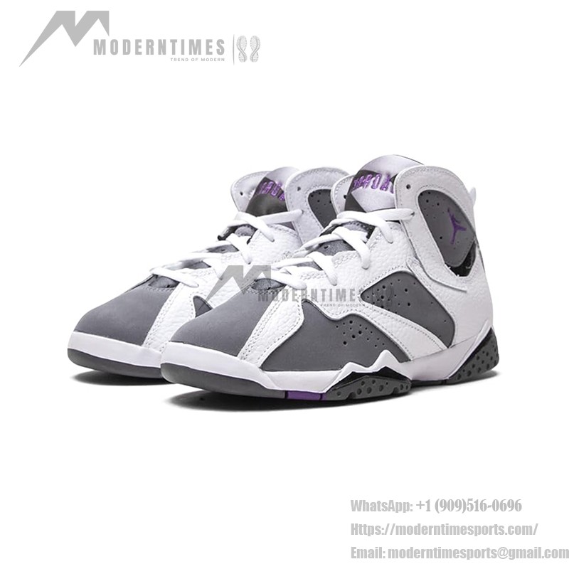 Air Jordan 7 Retro "Flint" DJ2778-100 white, grey, and purple high-top basketball sneakers