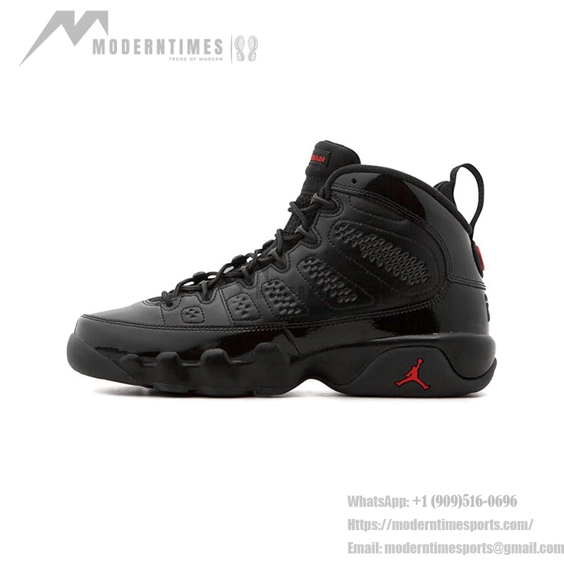 Air Jordan 9 Retro "Bred Patent" ブラックパテントレザーとレッドバスケットボールスニーカー