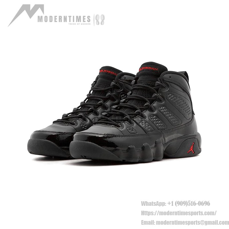 Air Jordan 9 Retro "Bred Patent" ブラックパテントレザーとレッドバスケットボールスニーカー