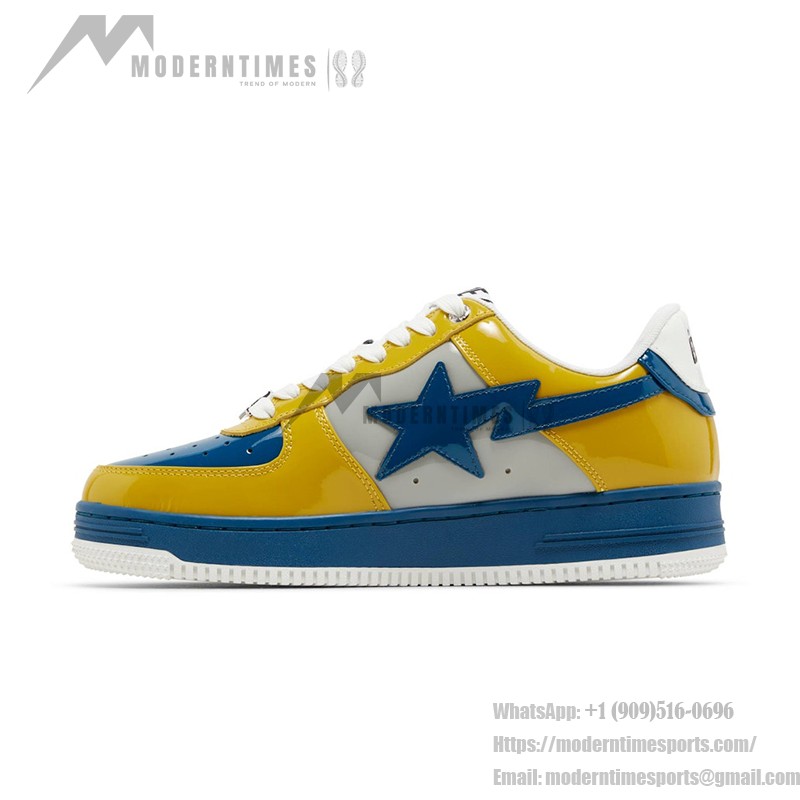 BAPE Bapesta 2 Yellow & Blue Patent Leather Sneakers with vibrant design.