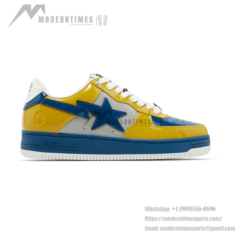 BAPE Bapesta 2 Yellow & Blue Patent Leather Sneakers with vibrant design.