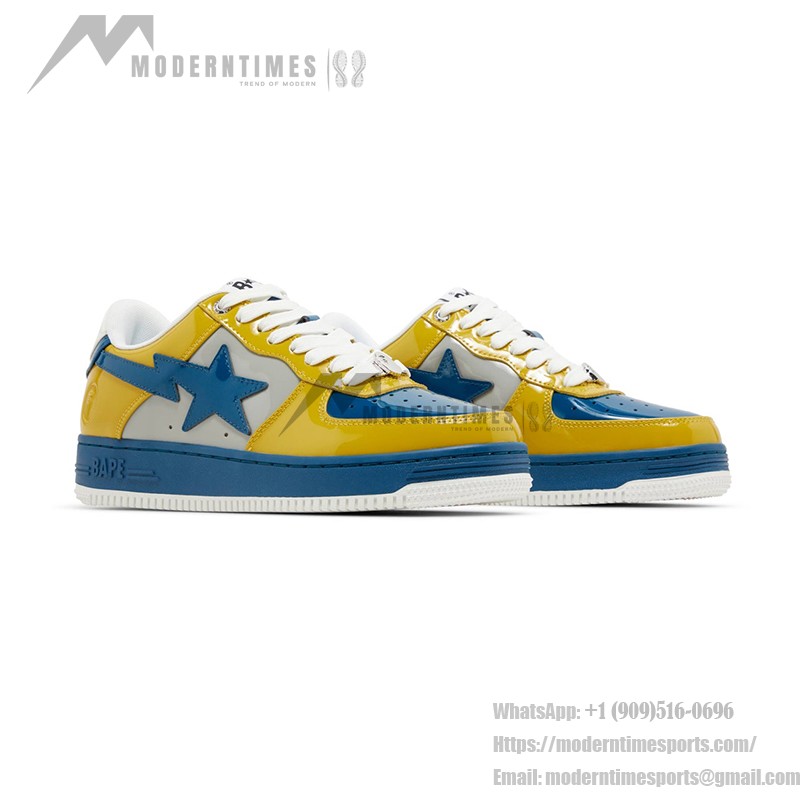 BAPE Bapesta 2 Yellow & Blue Patent Leather Sneakers with vibrant design.